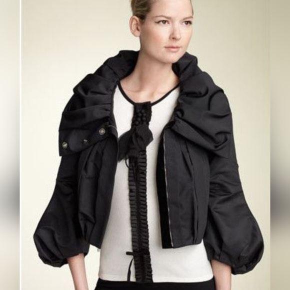 St. John SoCa Puff Sleeve Cropped Jacket Sz M Ruffle Collar Lined Zip-up Evening - Picture 15 of 16